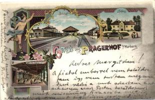 Pragersko, Pragerhof; Bahnhof, Bahnhof Restaurant, Schloss / railway station, railway station restaurant, castle; floral, litho (EK)