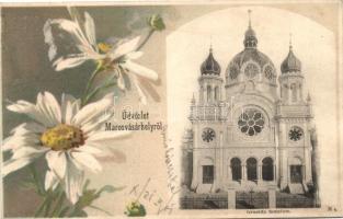 Marosvásárhely, Targu Mures; Izraelita templom, zsinagóga, kőnyomatos virággal, kiadja Holbach Ede / synagouge; with litho flower, floral (r)