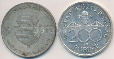 1992. 200Ft Ag "MNB" + 1947. 5Ft Ag "Kossuth" T:2,3