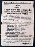 1945 Rendelet az egyes iparosok által a leggyakrabban előforduló munkálatokért felszámított árak kötelező feltüntetése tárgyában, Budapest Székesfőváros Polgármestere, plakát, 46x31cm