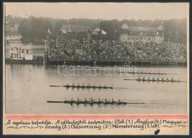 1936. évi nyári olimpiai játékok érmesei nyolcas evezésben (USA, Olaszország, Németország) fotó kartonra ragasztva, 10x17cm