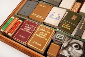 Nagy minikönyv gyűjtemény, különféle magyar minikönyvek, köztük Szász Endre is, üvegezett favitrinbe...