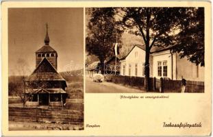 Trebusafejérpatak, Dilove; Templom, Községháza az országzászlóval, automobil, kétnyelvű bélyegzés a hátoldalon / church, town hall with national flag, automobile, bilingual cancellation on backside (fa)