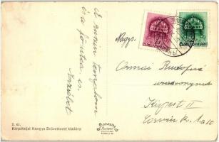 Trebusafejérpatak, Dilove; Templom, Községháza az országzászlóval, automobil, kétnyelvű bélyegzés a ...