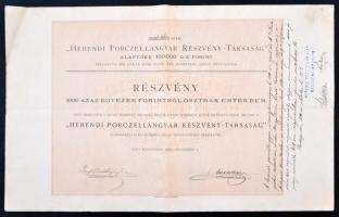 Budapest 1885. "Herendi Porczellángyár Részvény-Társaság" részvénye 1000Ft-ról bélyegzésekkel, leértékelésről szóló feljegyzéssel T:III kis lyukak, apró szakadások