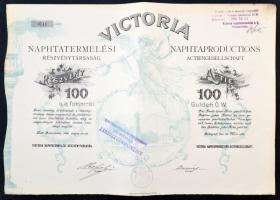 Budapest 1896. Victoria Naphtatermelési Részvénytársaság részvénye 100Ft-ról teljes szelvényívvel, felülbélyegzésekkel T:II-,III lyukak, apró szakadások