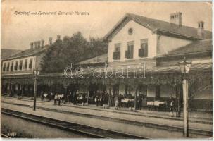 Komorske-Moravice, Cameral-Moravica; Bahnhof und Restaurant / railway station, restaurant (ferdén vágott / slant cut)(fa)