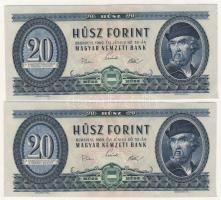 1969. 20Ft (2x) egymásutáni sorszámokkal, mindkettő azonos ritka kónuszos vágási hibával T:I,I- Csak egyszer hajtva, törve nem!