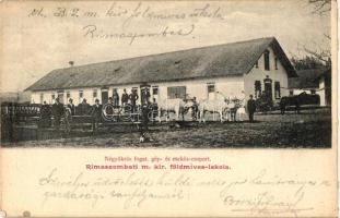 Rimaszombat, Rimavská Sobota; Földmíves iskola, Négyökrös fogat, gép- és eszköz-csoport / farming school, oxen cart (EK)