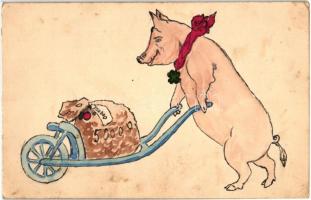 New Year, pig with money, hand-drawn art postcard (EK)