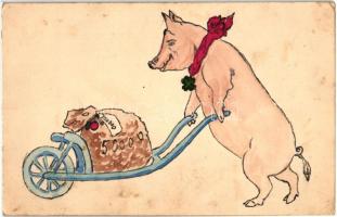 New Year, pig with money, hand-drawn art postcard  (EK)