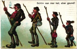 Schön san mer net, aber gsund! / Hiking men, humour, litho