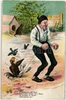 Humorous postcard, man with chicken (EK)