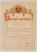 1943 Békés, a járási leventeparancsnokság dicsérő oklevele leventezenekari karmester részére, bélyegzővel, aláírással