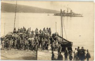 WWI Austro-Hungarian battleship, soldiers at the port, photo