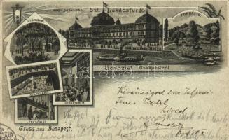 1899 Budapest II. Szent Lukács fürdő, Gyógyudvar, Iszapfürdő, Gyógyterem, Forrás-tó, lépcsőház, litho (EB)