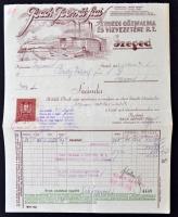1932 Back Bernát fiai, Szegedi Gőzmalma és Vízvezetéke R.T. díszes fejléces számla, okmánybélyeggel (2 fillér) , 28x22cm