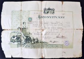 1891 Bizonyítvány kőműves tanoncnak,  okmánybélyeggel (50kr.),  viseltes állapotban, 37x50cm