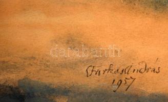 Farkas András (1920-1991): Lovak az udvarban. Vegyes technika, papír, jelzett, üvegezett keretben,  ...