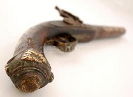 cca 17-18. sz. Ütőkakasos, elöltöltős pisztoly, rozsdás, de működő szerkezettel, a fán díszes gyöngy...