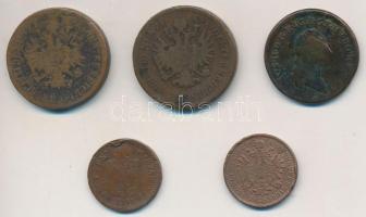 Vegyes: 1781A 1kr Cu + 1859M 1kr Cu + 1861B 4kr Cu (2x) + 1882KB 1kr Cu T:3 ph