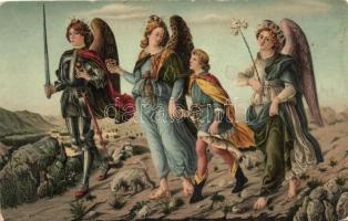 Tobias mit den Erzengeln / Three Archangels with Young Tobias, Stengel & Co. No. 29328, s: Sandro Boticelli (worn edges)