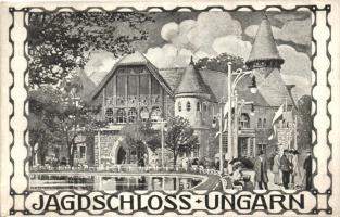 1910 Wien, Internationale Jagdausstellung, Ungarisches Jagdschloss  / Hunting Expo in Vienna, black and white issue s: Kalmsteiner