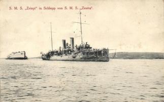 SMS Zrínyi in Schlepp von SMS Zenta; Selbstverlag Fischer's Papierhandlung / Hungarian battleships, K.u.K. navy