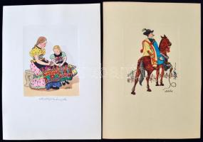 Détári Dettár György (1892-1951): Matyó lányok és hortobágyi csikós 2x2 db jelzett és ceruzával címz...