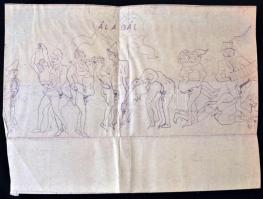 cca 1930 Áll a bál. 2 db kihajtható humoros pajzán rajz 32x30 cm