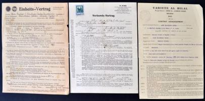 cca 1930 Alaska és Erna táncosok 8 db magyar és külföldi szerződése különböző mulatókba, varieté műs...