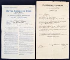 cca 1930 Alaska és Erna táncosok artista szerződések a világ minden tájáról Port Said, Alexandria, Roma, Suez, összesen 6 db / Hungarian circus and dancing artists. 6 contracts from all around the world.