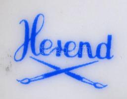 Herendi virágmintás fedeles kétfülű csésze, kézzel festett, jelzett, apró kopásnyomokkal, m: 9,5 cm