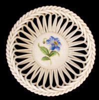 Herendi virágmintás fonott kosár, kézzel festett, jelzett, apró kopásnyomokkal, d: 13 cm