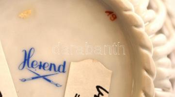 Herendi virágmintás fonott kosár, kézzel festett, jelzett, apró kopásnyomokkal, d: 13 cm