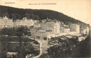 Marianske Lazne, Marienbad; Blick nach der Ferdinandstrasse / street, Hotel National, Leitner Haus, restaurant (EK)