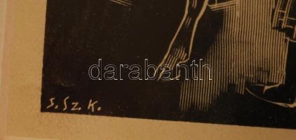 Gáborjáni Szabó Kálmán (1897-1955): A bika megkoszorúzása. Fametszet, papír, jelzett a metszeten, üv...