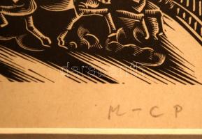 Molnár C. Pál (1894-1981): Robogó hintó. Fametszet, jelzett, üvegezett keretben, 12x16 cm