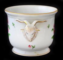 Herendi porcelán kosfejes virágmintás kaspó, kézzel festett, hibátlan, jelzett, d: 11 cm, m: 9 cm
