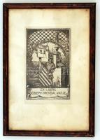 R. Casals i Vernis (1860-1920): Joseph Monsavatje. Ex libris. Rézkarc, papír, üvegezett keretben, 13×8 cm
