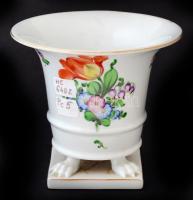 Herendi virágmintás porcelán karmos kaspó, kézzel festett, hibátlan, jelzett, d: 15 cm, m: 13,5 cm