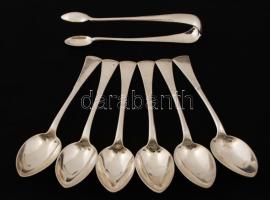 Ezüst kávéskanál, 6db (ebből 1db monogramos) + cukorcsipesz, Ag., nettó: 124,5gr, jelzett /Silver teaspoon, 6 (including monogrammed 1pc) + sugar tongs, Ag, net. 124,5gr, marked