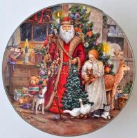 2 db kerek karácsonyi fém és fa doboz, d: 11 és 13 cm, m: 5 és 7 cm