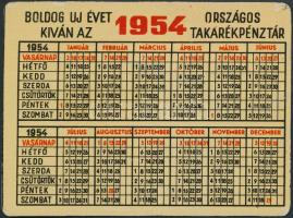 1954 "Boldog új évet kíván az Országos Takarékpénztár" fém kártyanaptár, 7x9,5 cm