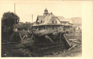 3 db RÉGI fotólap, ismeretlen település, az épületek alapján feltehetően Volinyi (Volhínia) terület, híd árvíz után / 3 old town view postcards, unkown location, probably Volyn Oblast according the buildings, bridge after the flood, photo