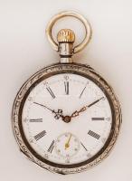 Ezüst zsebóra, Ag.,bruttó:76,1gr., jelzett, nem működik, üveg nélkül, d:4,5cm/Silver pocket watch, Ag, gross:.. 76,1gr, marked, does not work,without lens d: 4,5cm