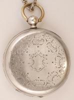 Ezüst zsebóra lánccal, kulcsos, Ag.,bruttó:81,9gr., jelzett, működik, d:4,5cm/Silver pocket watch wi...