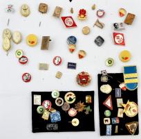 64db vegyes magyar és külföldi, főleg szocialista jelvény kartonra és bársonylapra tűzve, közte "Magyar Szakácsok és Cukrászok Szövetsége" műgyantás fém jelvény (4x), "Hevesmegyei Beruházási Vállalat" zománcozott fém jelvény T:2,2-