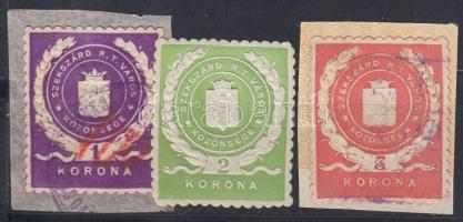 1915-1920 3 db Szekszárd városi illetékbélyeg, közte az egyik kézzel átértékelve (~22.500)