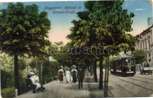 Nagyvárad, Oradea; Rákóczi út, villamos, lovaskocsi / street, tram, horse carriage (b)